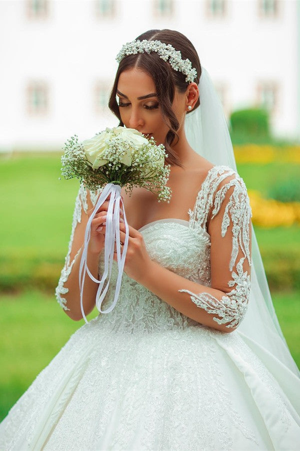 Elegant Garden A-line Sweetheart Long Sleeves Chapel Train Satin Wedding Dress