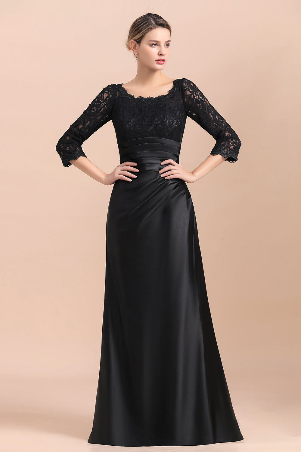 Elegant 3/4 Sleeves Black Satin Lace Ruffles Evening Dresses