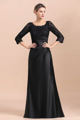Elegant 3/4 Sleeves Black Satin Lace Ruffles Evening Dresses