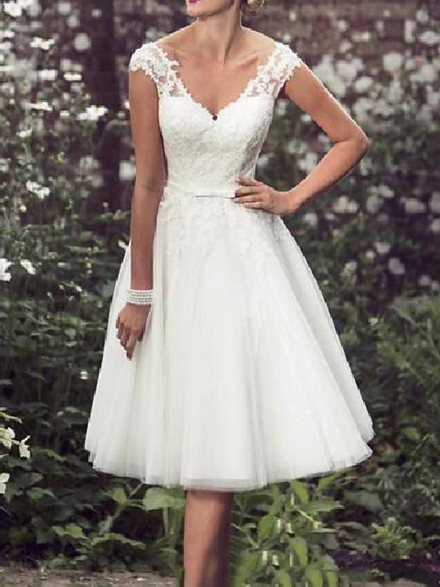 Short A-Line V Neck Tea Length Lace Tulle Wedding Dresses with Cap Sleeve