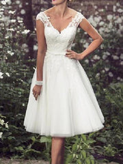 Short A-Line V Neck Tea Length Lace Tulle Wedding Dresses with Cap Sleeve