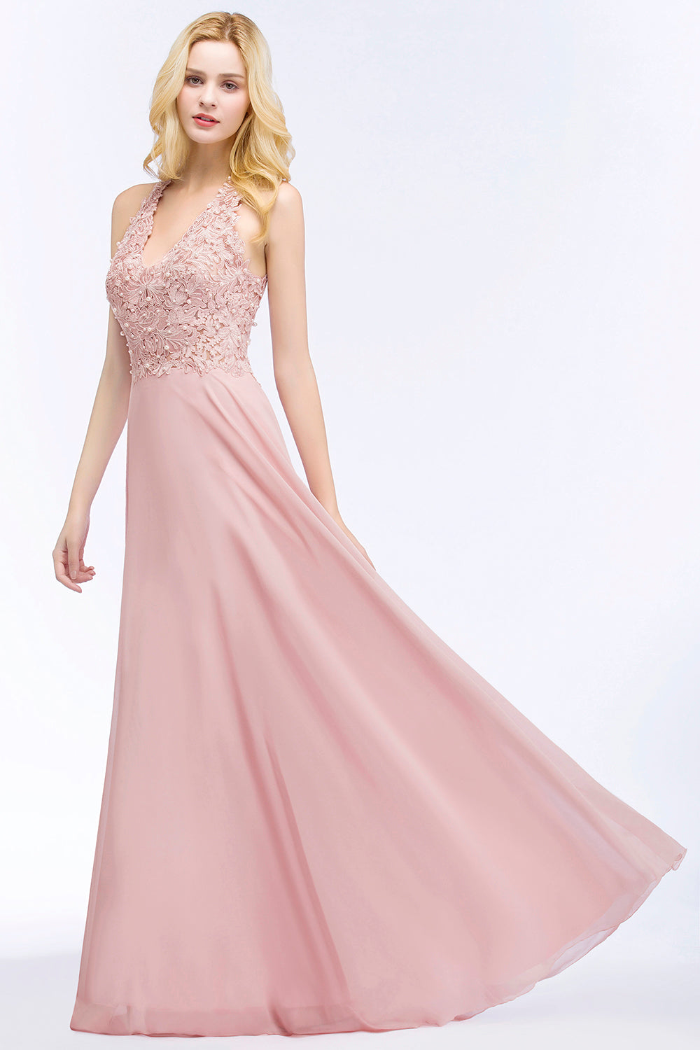 A-line V-neck Sleeveless Long Appliques Chiffon Bridesmaid Dresses