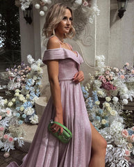 Elegant Long A-line Off the Shoulder Glitter Prom Dress with Slit