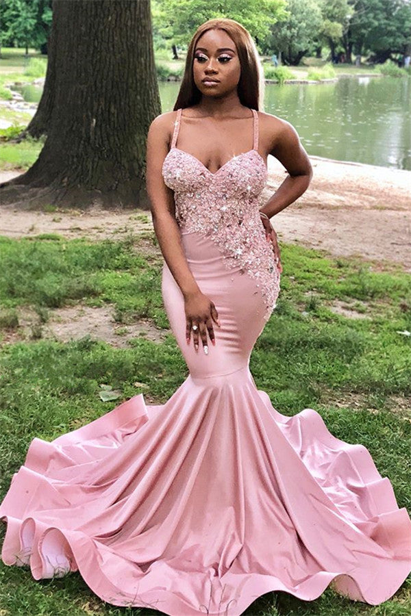 Chic Long Satin Spaghetti Straps Lace Mermaid Plue Size Prom Dress