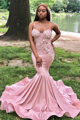 Chic Long Satin Spaghetti Straps Lace Mermaid Plue Size Prom Dress