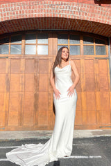 Elegant White Long Spaghetti Straps Sweetheart Open Back Satin Mermaid Wedding Dress
