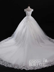 Gorgeous Long Off the Shoulder Lace Tulle Ball Gown Ruffles Wedding Dresses