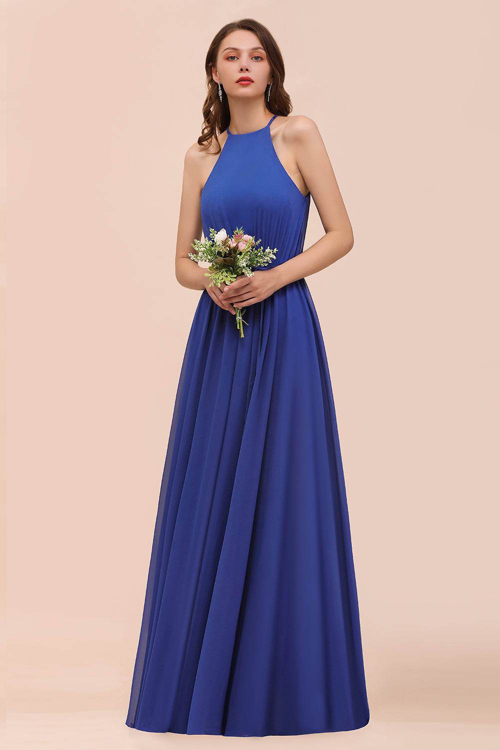Royal Blue Halter Bridesmaid Dress A-Line Chiffon Floor Length Wedding Guest Dres