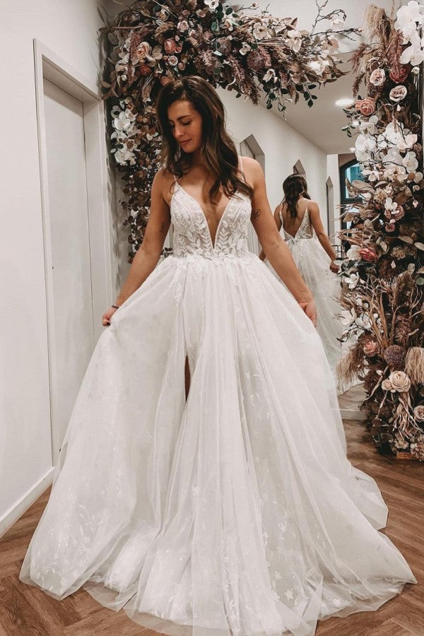 Simple Long A-line V-neck Lace Tulle Open Back Wedding Dress with slit