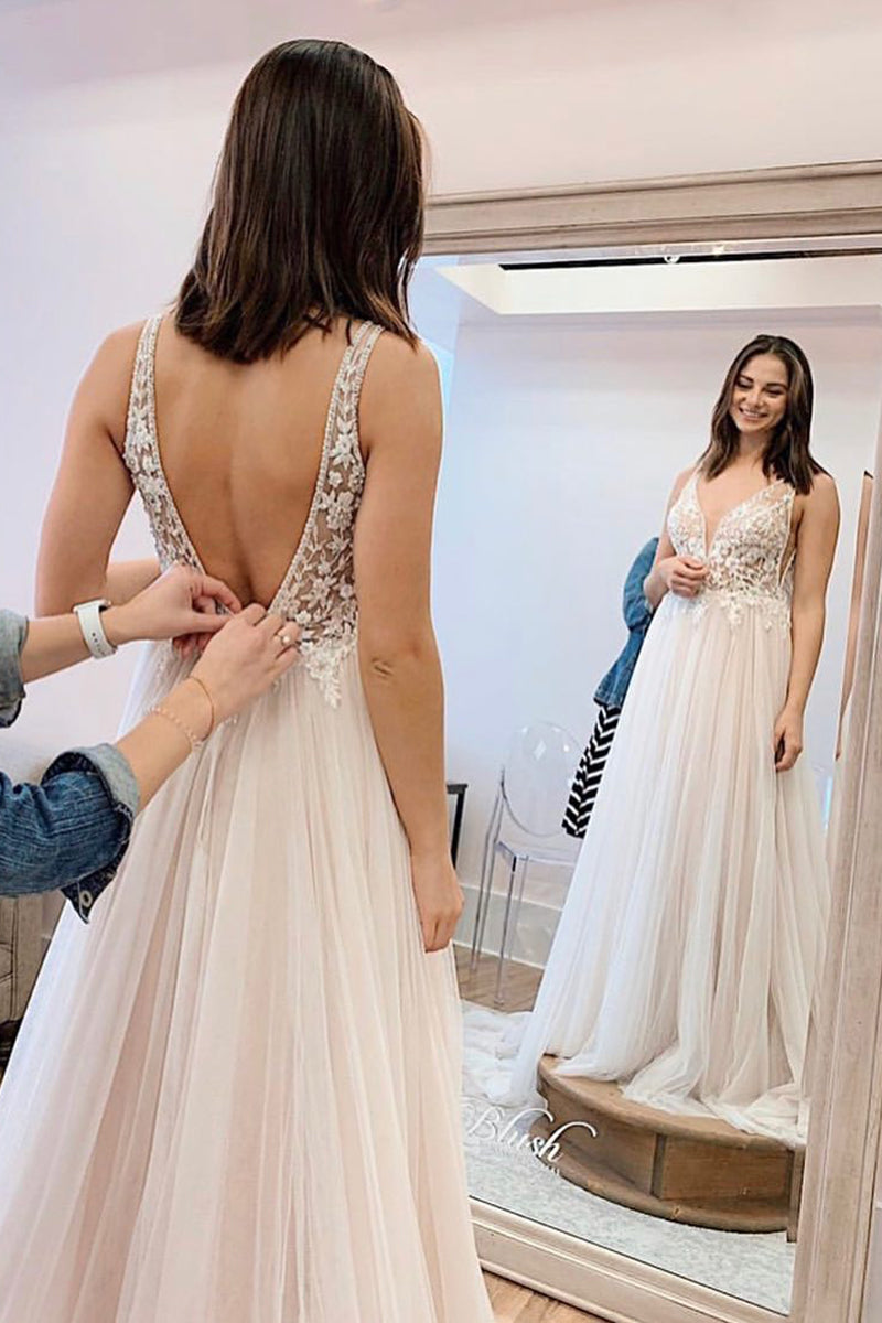 Long V-neck Wide Straps Appliques Lace Tulle Backless A-Line Ruffles Wedding Dress