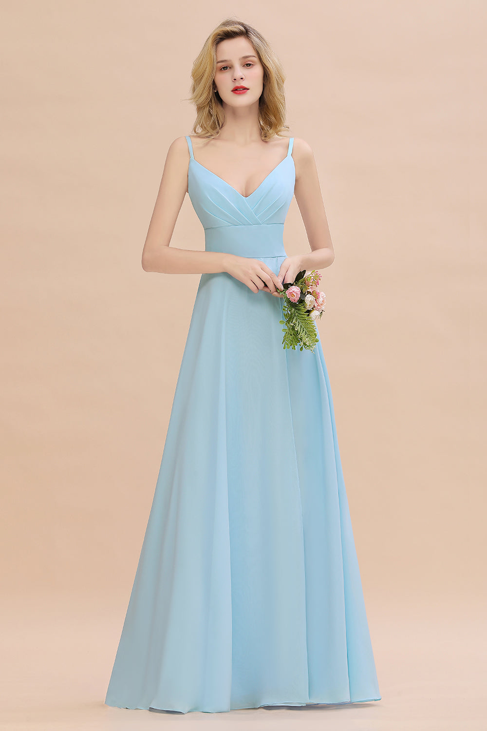 Vintage Spaghetti Straps V-neck A-line Chiffon Floor Length Bridesmaid Dress With Split