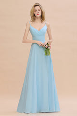 Vintage Spaghetti Straps V-neck A-line Chiffon Floor Length Bridesmaid Dress With Split