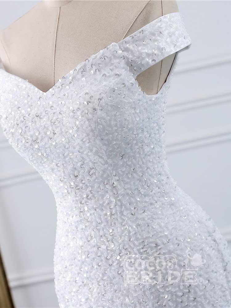 Long Off the Shoulder Mermaid Beads Tulle Wedding Dress