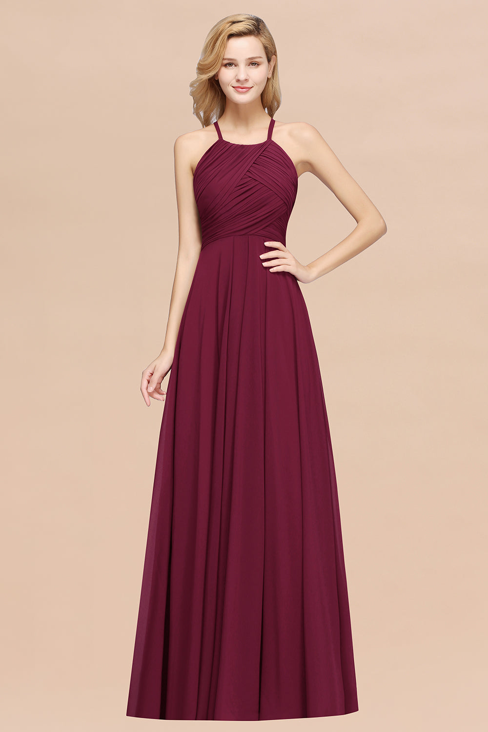 A-Line Chiffon Halter Ruffles Floor Length Bridesmaid Dress