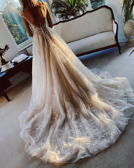 Classy Long Bateau A-line Appliques Lace Backless Church Train Wedding Dress