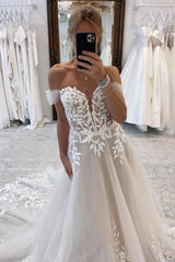 Long A-line Off The Shoulder Sweetheart Tulle Floor Length Wedding Dress