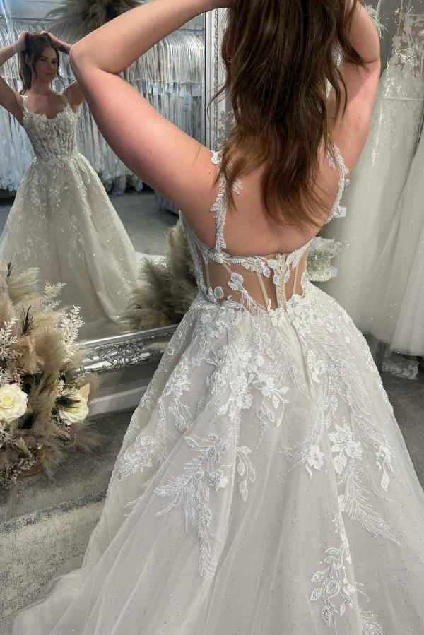 A-Line Backless Tulle Appliques Lace Long Wedding Dress with Sequins