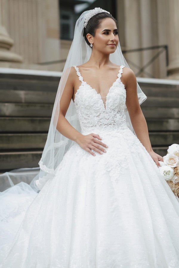 Charming Long Spaghetti Strap Sweetheart Floor Length Ball Gown Wedding Dress with Ruffles