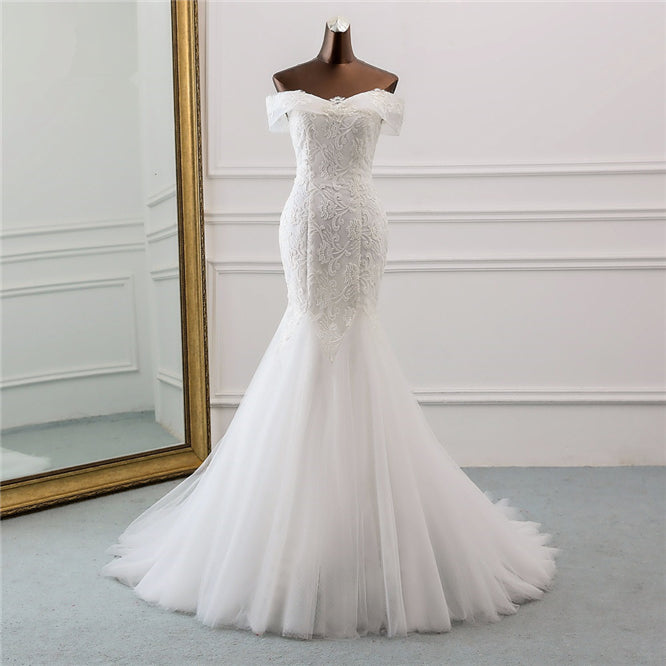 Long Mermaid Tulle Lace Off the Shoulder Lace-up Wedding Dress