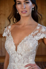 Long A-line Sweetheart Lace Backless Wedding Dresses with Cap Sleeve