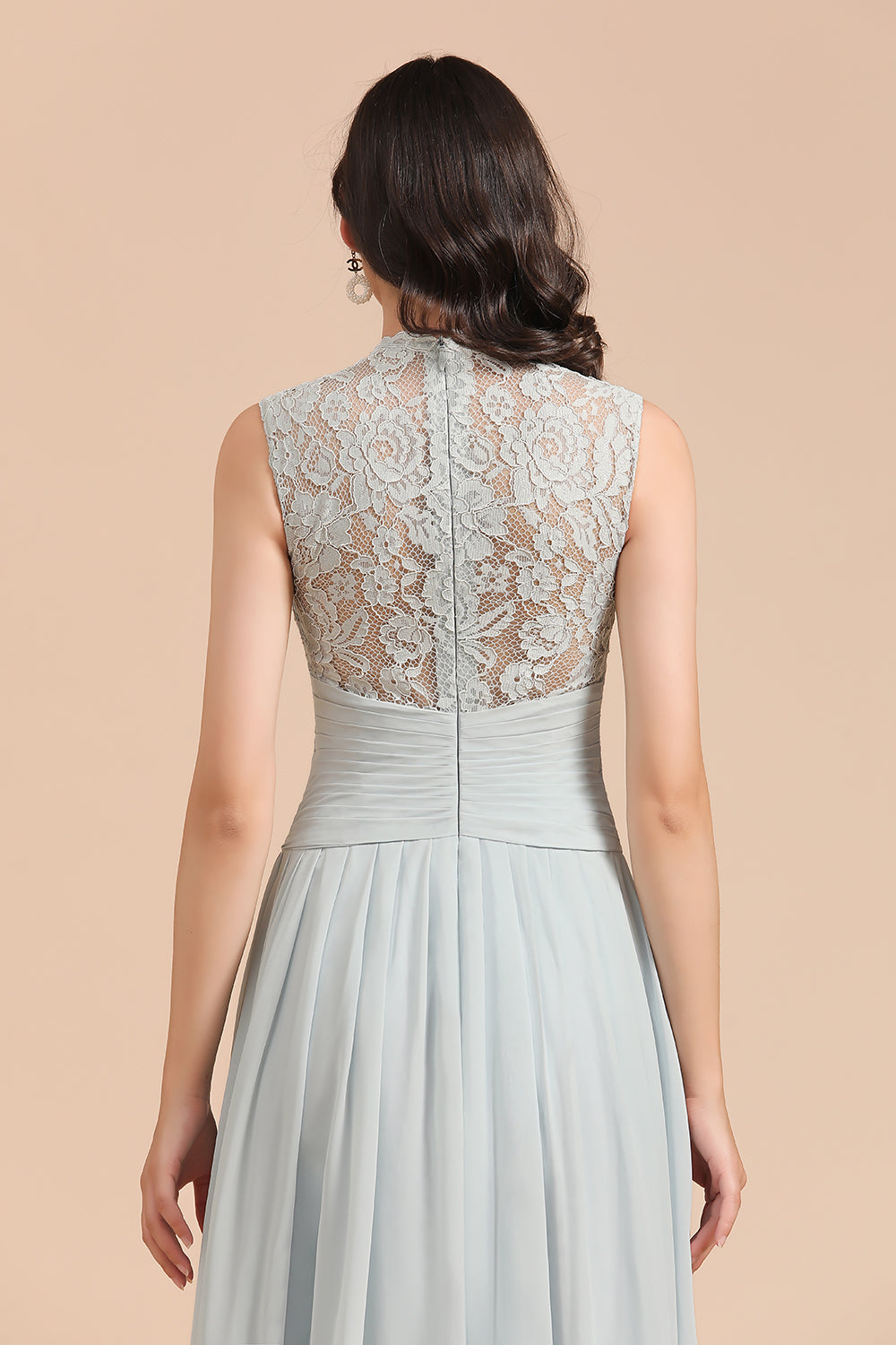 Long A-line High Neck Lace Sleeveless Chiffon Bridesmaid Dress