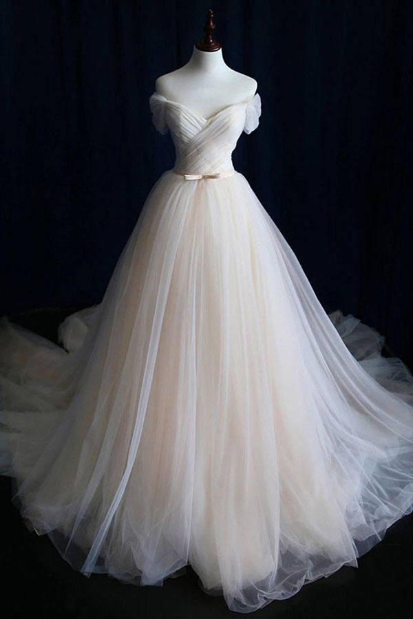 Elegant Long Off the Shoulder Lace-up Ruffle Tulle A-line Wedding Dress