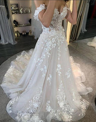 Simple Long A-line Tulle Off the Shoulder Lace Appliques Wedding Dress