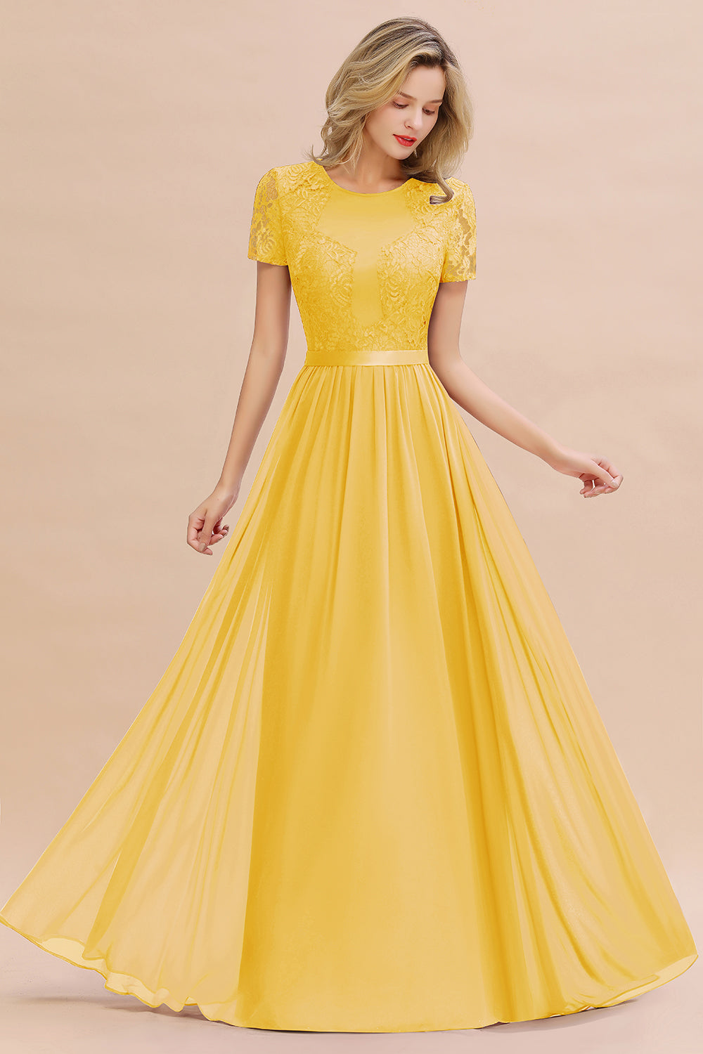 Chiffon Lace Scoop Short Sleeve Bridesmaid Dress