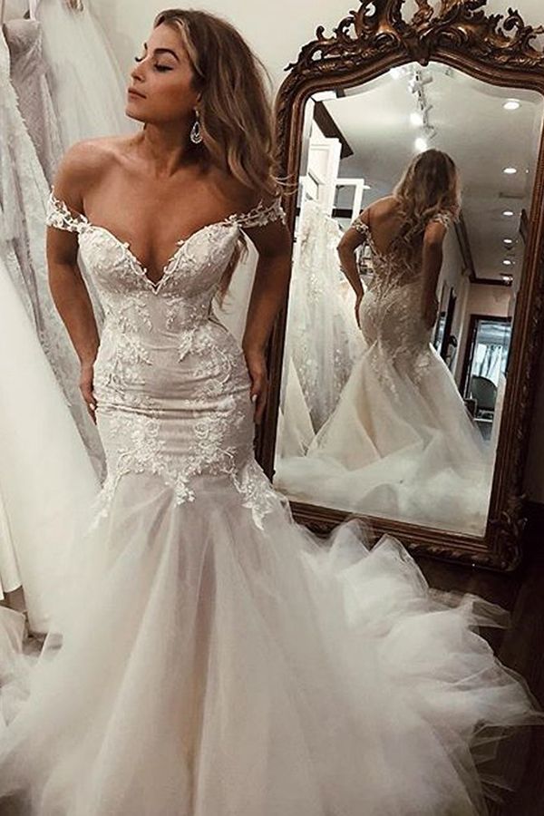 Long Mermaid Off the Shoulder Tulle Lace Backless Wedding Dresses