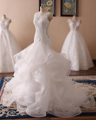 White Mermaid Lace Ruffled Long Tulle Wedding Dress