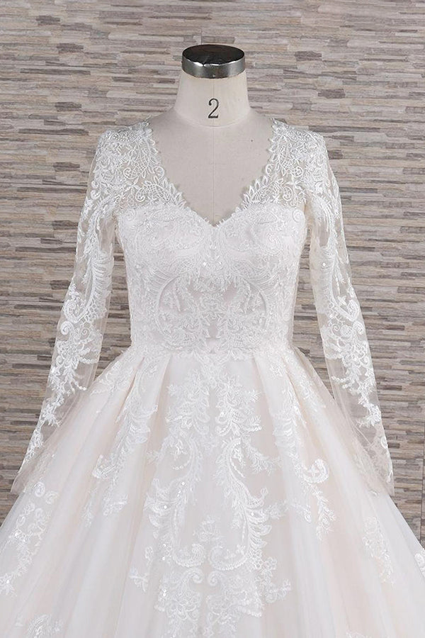 Elegant Plue Size V-neck A-line Tulle Lace Appliques Wedding Dress with Sleeves
