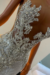 Mermaid Long V-neck Appliques Lace Tulle Prom Dress Beads