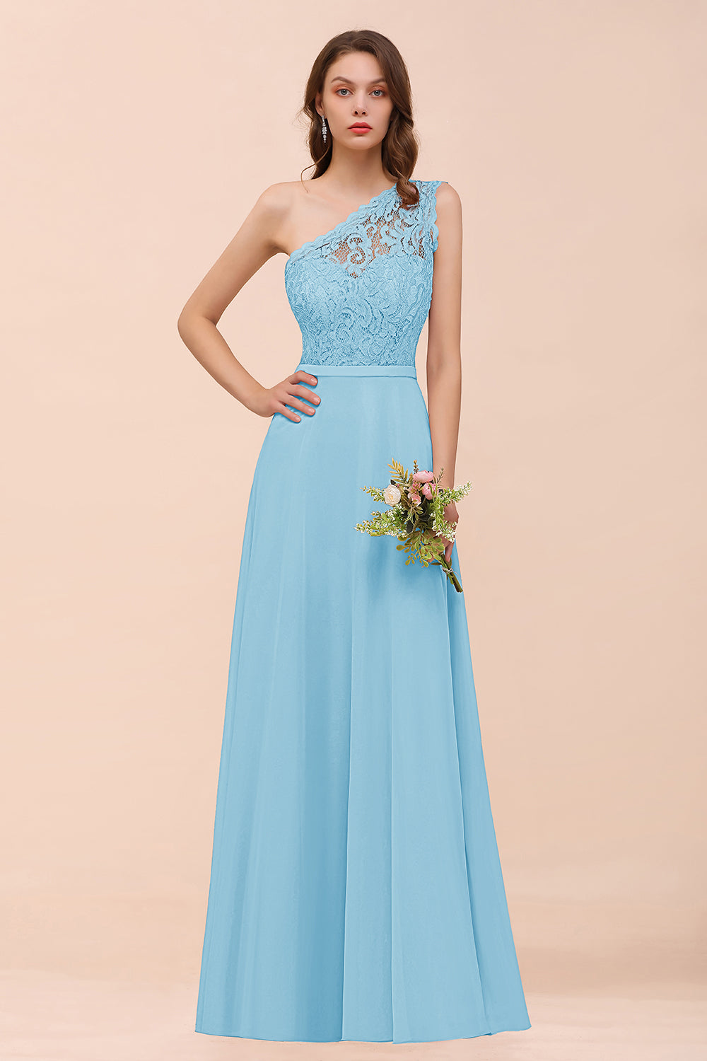 Classy One Shoulder Appliques Lace Floor Length A-Line Chiffon Bridesmaid Dress