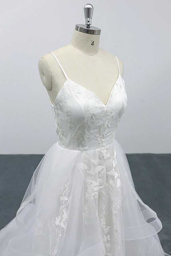 Long A-line Sweetheart Appliques Spaghetti Strap Tulle Backless Wedding Dress