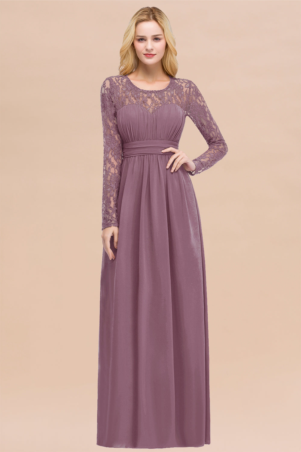 Elegant A-Line Chiffon Jewel Long Sleeves Ruffles Floor Length Bridesmaid Dresses