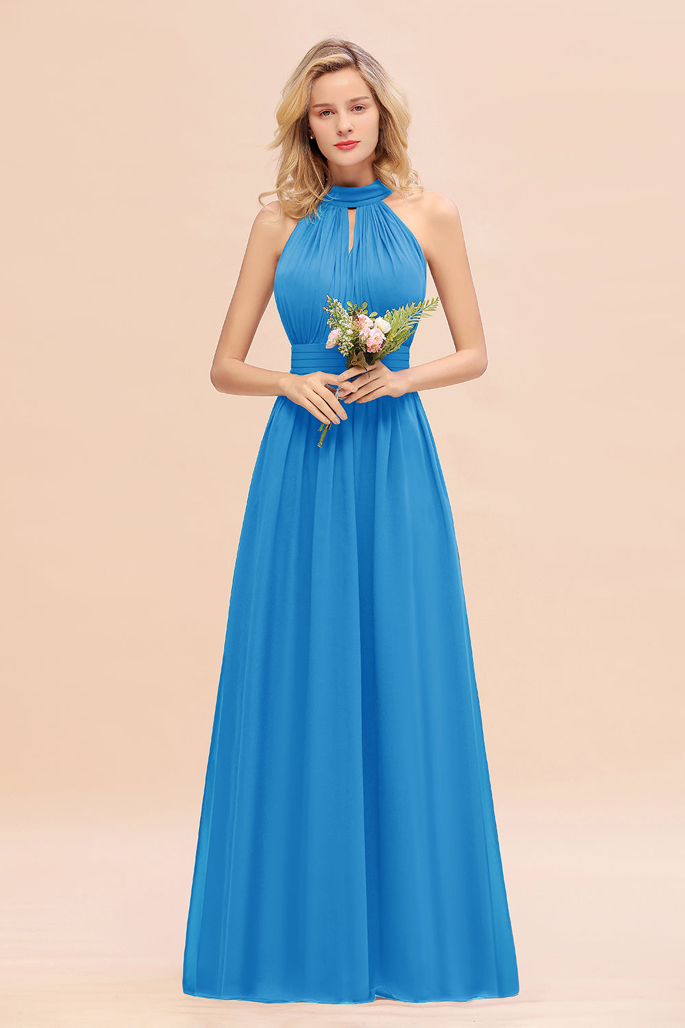 Dusty Sage Long High Neck Chiffon Bridesmaid Dresses with Ruffle