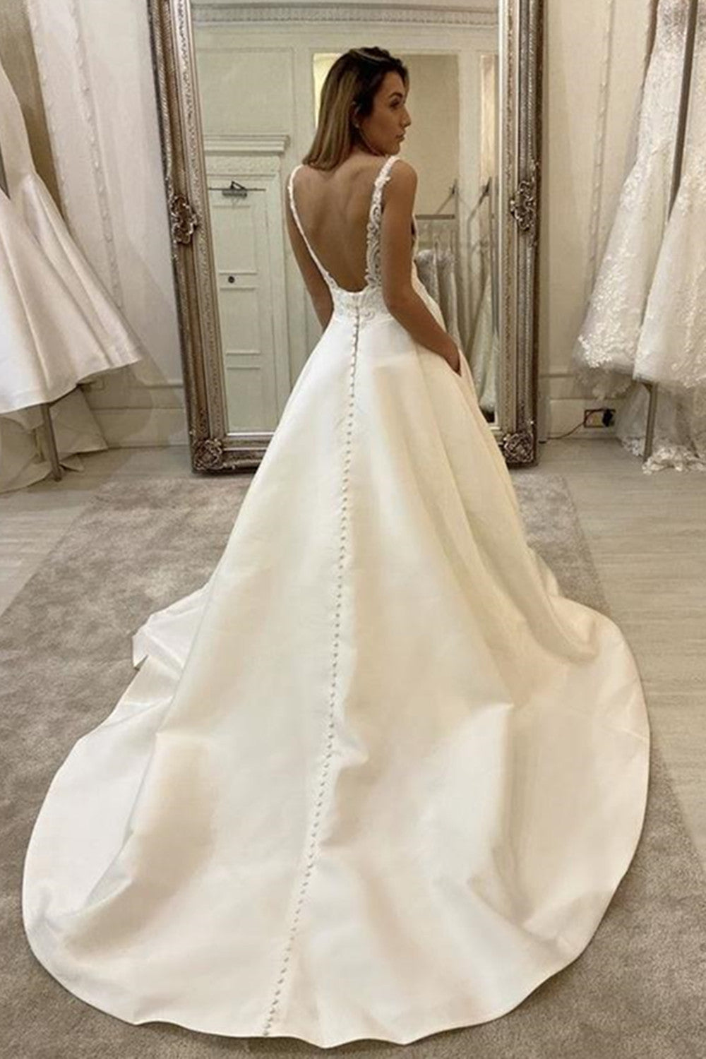 Long V-neck Spaghetti Straps A-Line Backless Wedding Dress With Pockets