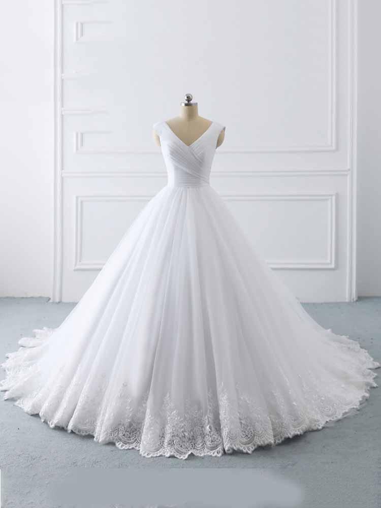 Simple Long V-Neck Lace-Up Ruffles Ball Gown Wedding Dresses