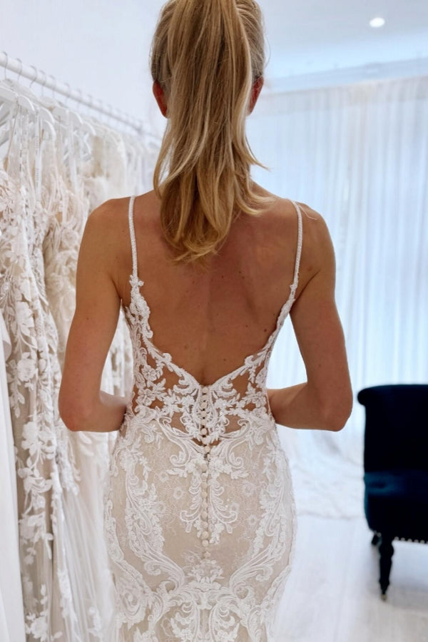 Long Spaghetti Straps Open Back Sweetheart Lace Mermaid Floor Length Wedding Dress