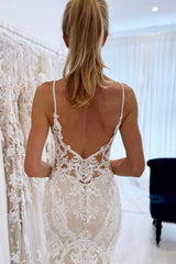 Long Spaghetti Straps Open Back Sweetheart Lace Mermaid Floor Length Wedding Dress