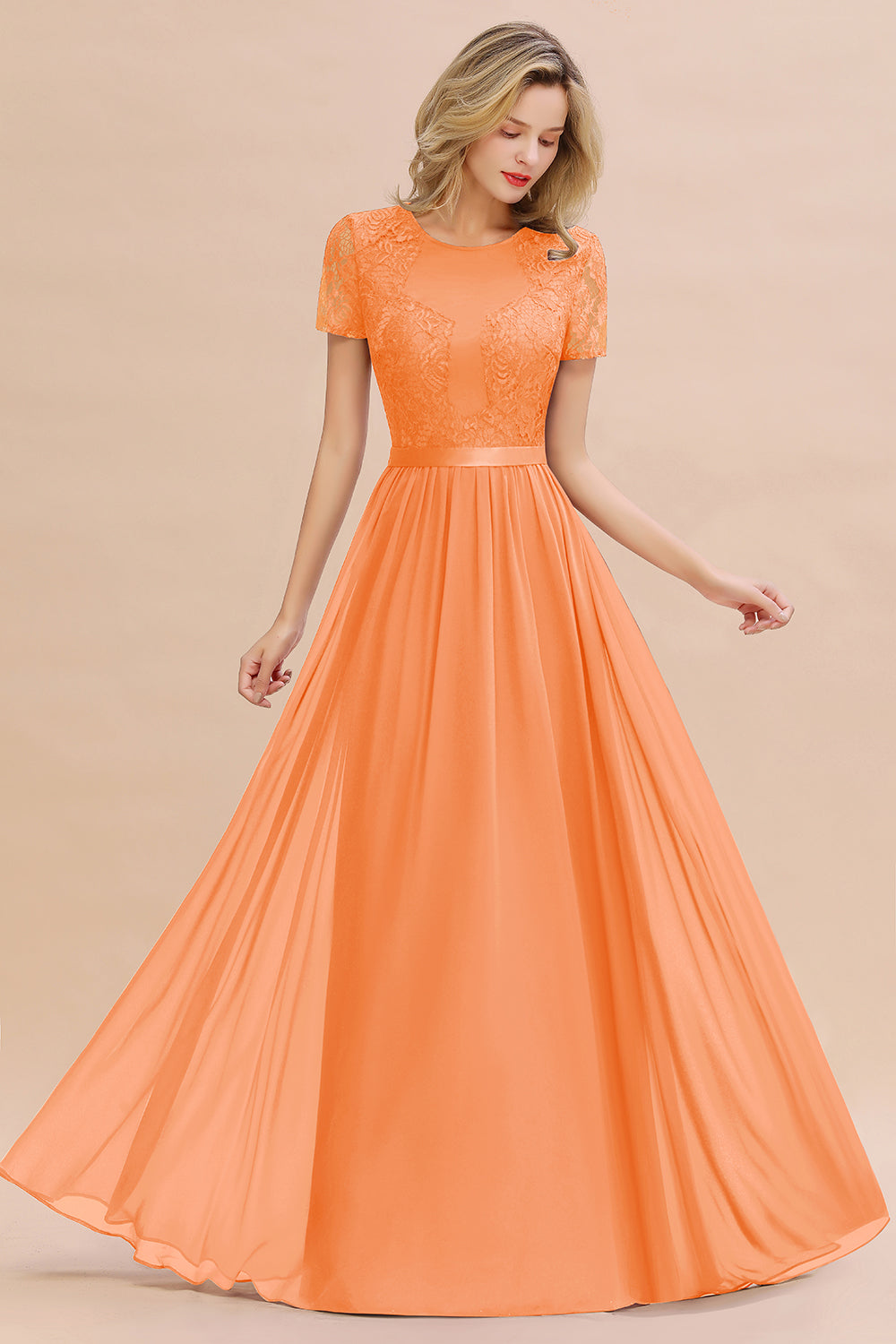 Chiffon Lace Scoop Short Sleeve Bridesmaid Dress