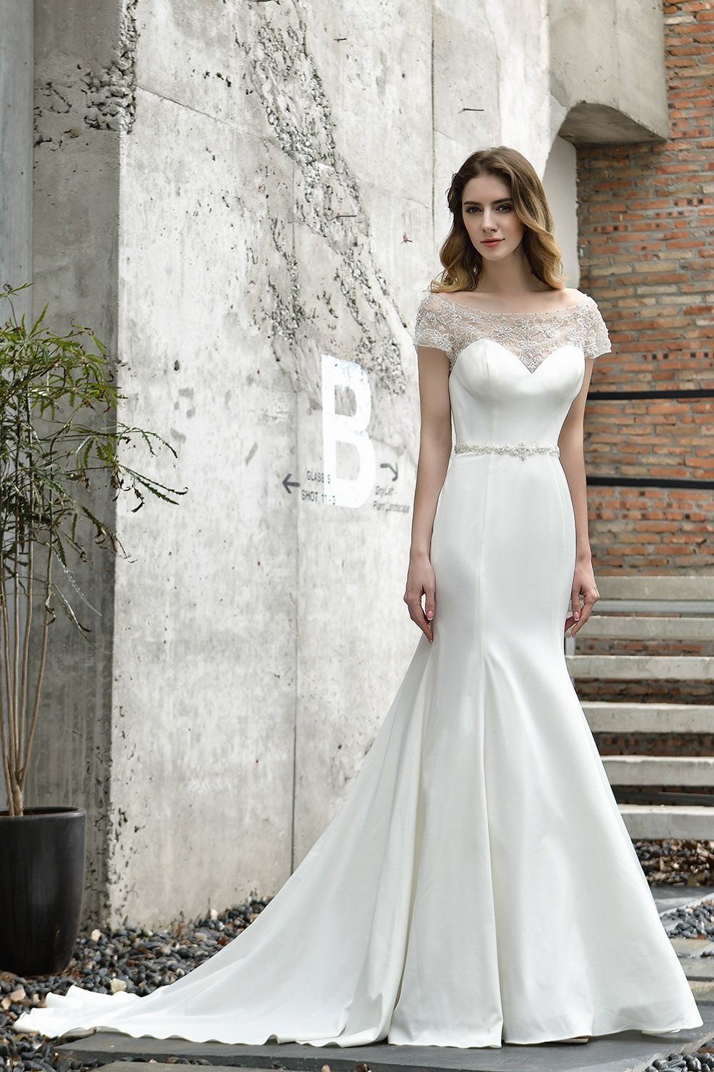 Long Mermaid Satin Belt Lace White Dresses with Short Sleeves