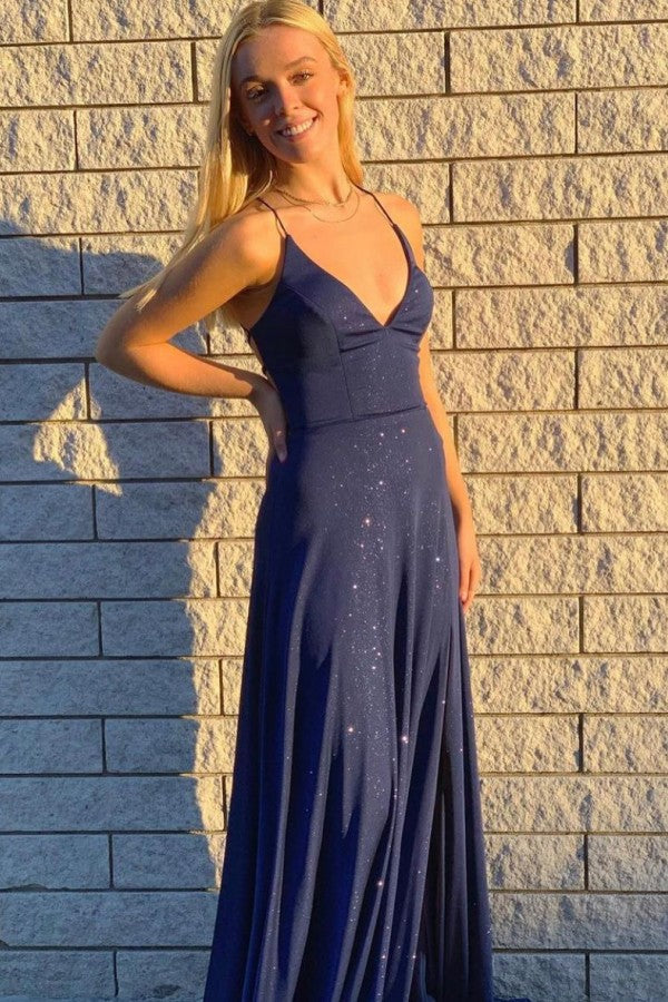 Elegant A-line V-neck Spaghetti Straps Backless Sequins Ruffles Prom Dress
