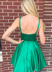 Sexy V-Neck A-line Satin Homecoming Dress with Pockets