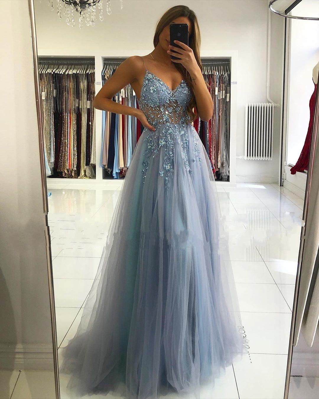 Long A-line V-neck Tulle Backless Prom Dress with Slit
