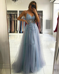 Long A-line V-neck Tulle Backless Prom Dress with Slit