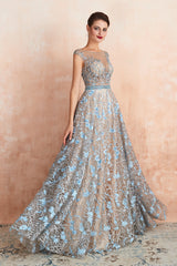 Long Jewel Lace A-line Tulle Lace Formal Evening Dress