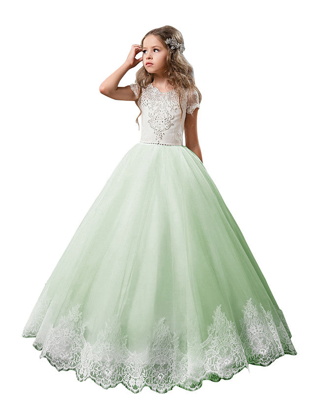 White Long A-line Floor Length Tulle Lace First Communion Flower Girl Dresses
