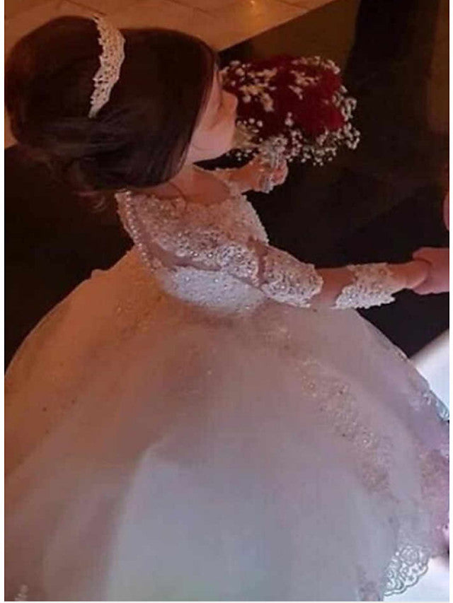 Long Ball Gown Tulle Lace Jewel Neck Floer Girl Dresses with Sleeve