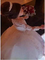 Long Ball Gown Tulle Lace Jewel Neck Floer Girl Dresses with Sleeve